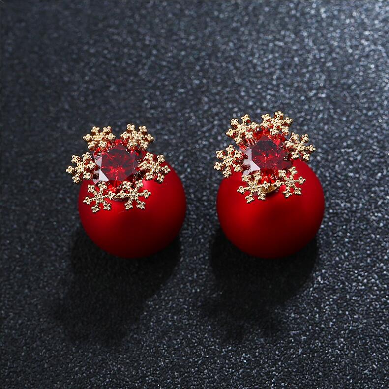 

LZX New Snowflake Flower Shape Red Imitation Pearl Stud Earrings For Women Gold Color Zirconia Crystal Fashion Jewelry Gift