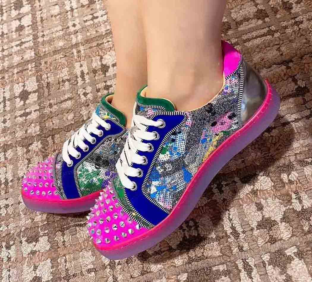 

Rose Red Women Sneakers Red Bottom Low Top Shoes,High Quality Beads Sequins Colorful Graffiti Red Soles Female Sports Trainers Couple FREE, As pictures show