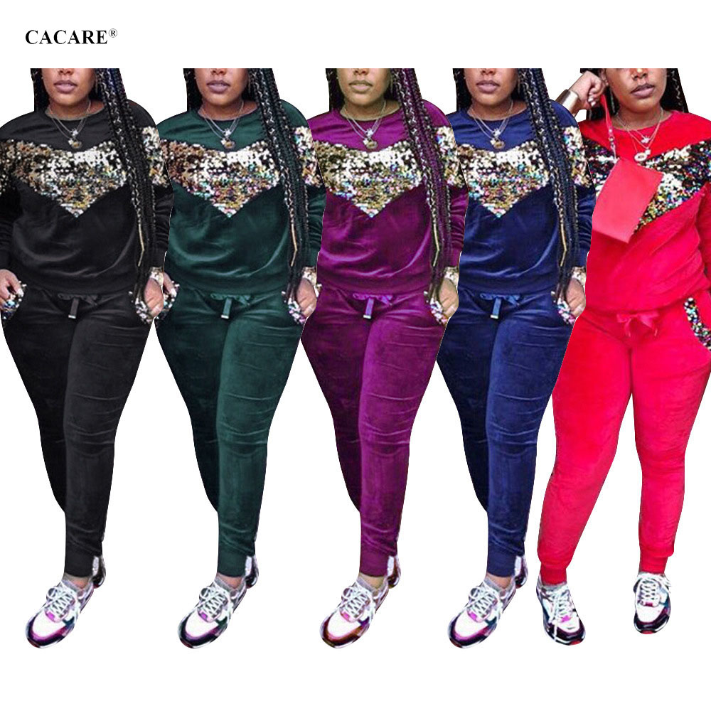 

Velvet 2 Pieces Set Autumn Women Two Piece Pants with Sequined Decor. Long Pants Set 4 Choices F2989 -XL, Black