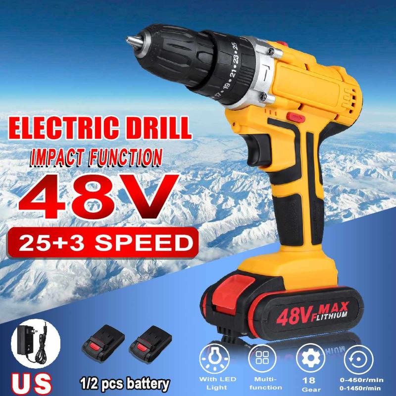 

48V 25+3 Torque 2-Speed Electric Screwdriver Cordless Drill Impact Drill Mini Wireless Power Driver 1/2 DC Lithium-Ion Battery