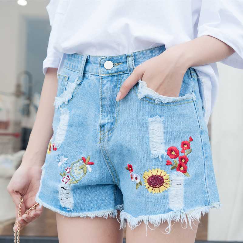 

2020 Euro Style Women embroidery Denim Shorts Vintage mid Waist Tassel Jeans Shorts Street Wear Sexy Wide Leg For Summer, White