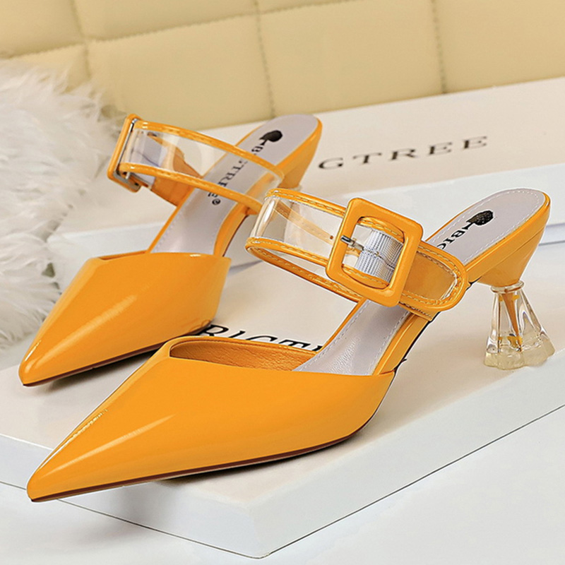 

2020 New Summer Fashion Women 6cm Starnge High Heels Slides Rhinestone Heels Slippers Leather Orange Slides Valentine Nude Shoes, Beige