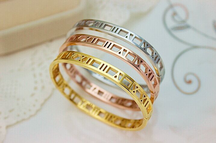 

Fashion Stainless Steel Better 7mm Hollow Roman Numerals Bangle Bracelet Rose Gold Color Women Lady Party Gift