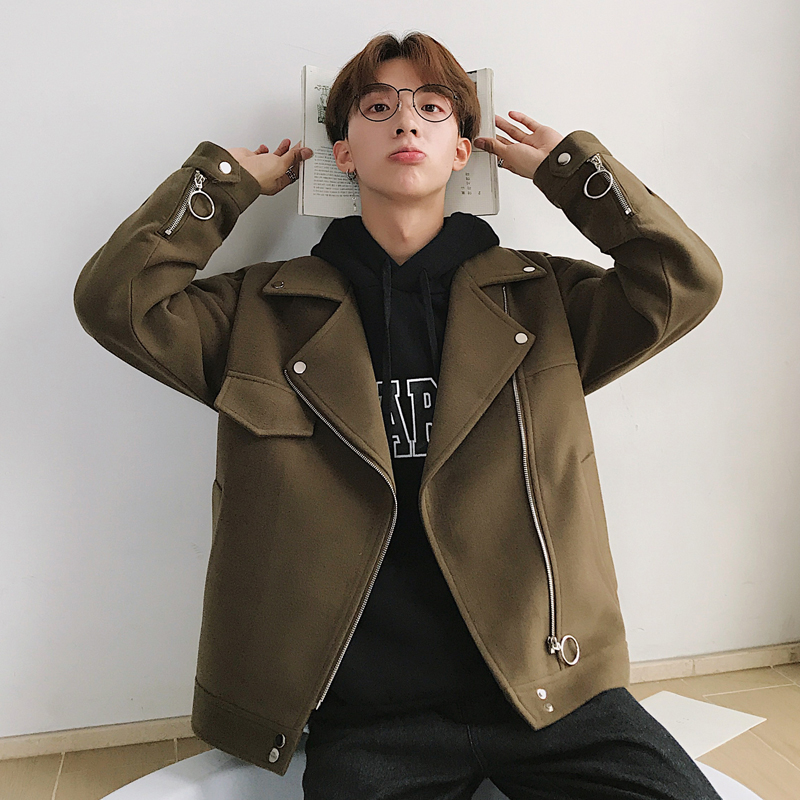 

2020 Autumn/winter men' wool short trend coat Korean version of loose lapel British wool coat, Black