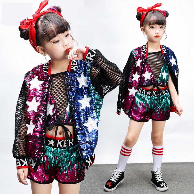 kids jazz modern dance costume sequins Girls Hip-hop Costumes Set jazz Dance wear Children's performance clothing-image-567729409