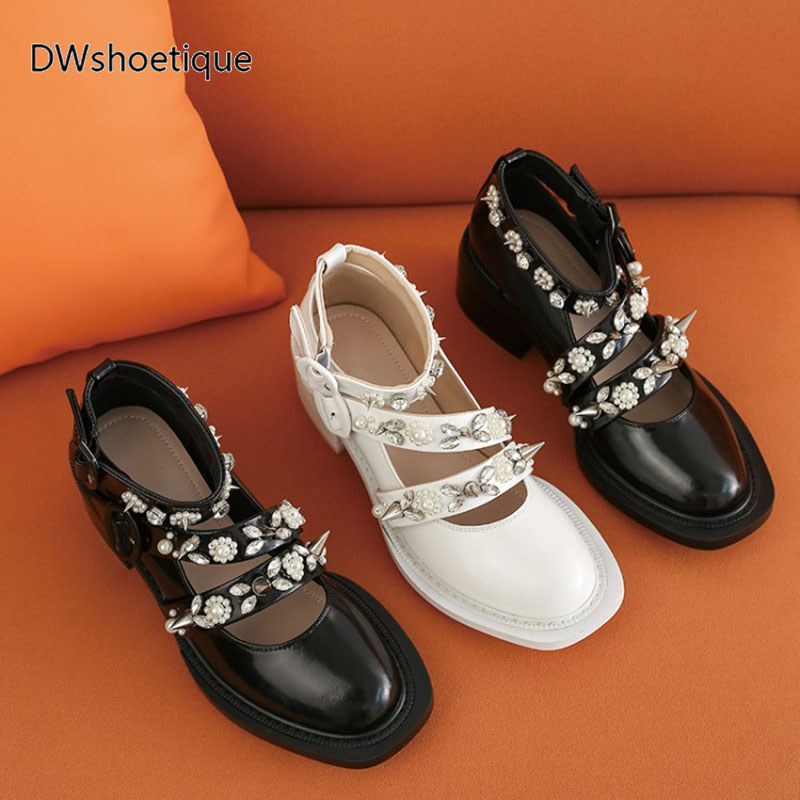 

Genuine leather rivet women pumps chunky heel strap crystal women dress shoes, White