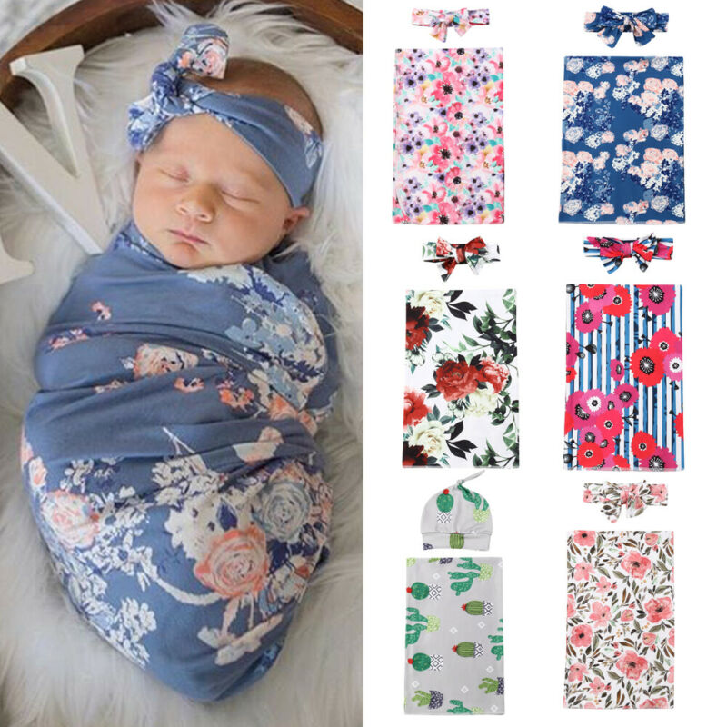 

2pcs Soft Infant Girls Boys Swaddle Muslin Blanket Newborn Baby Flowers Print Wrap Swaddling Blanket Set