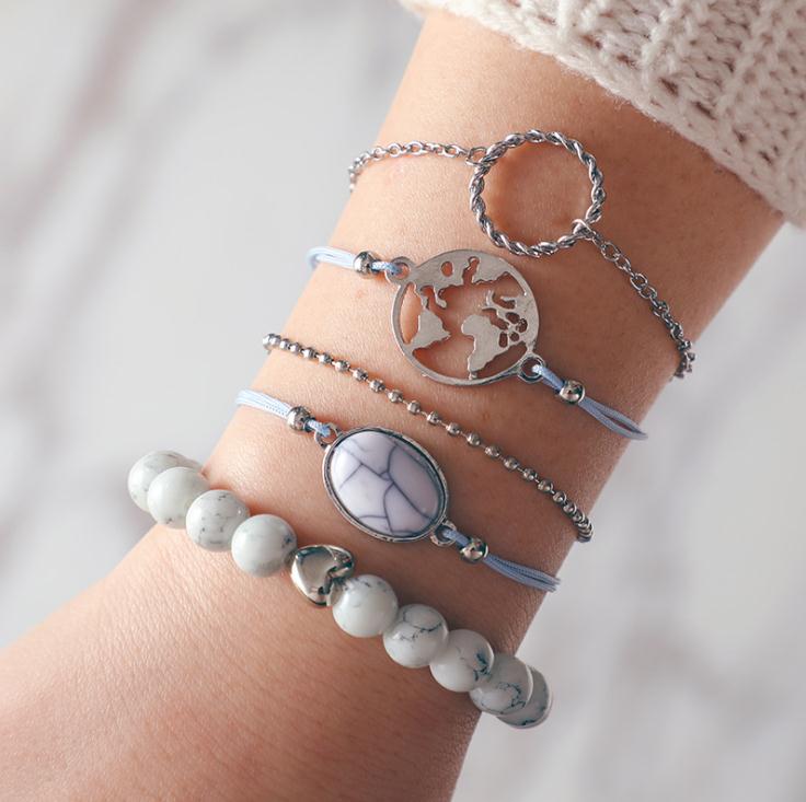 

Bohemia Stone Beads String Woman's Bracelets Chain Hollow Ocean Map Heart Crystal Tassel Bracelet Femme Boho Jewelry 2020 New