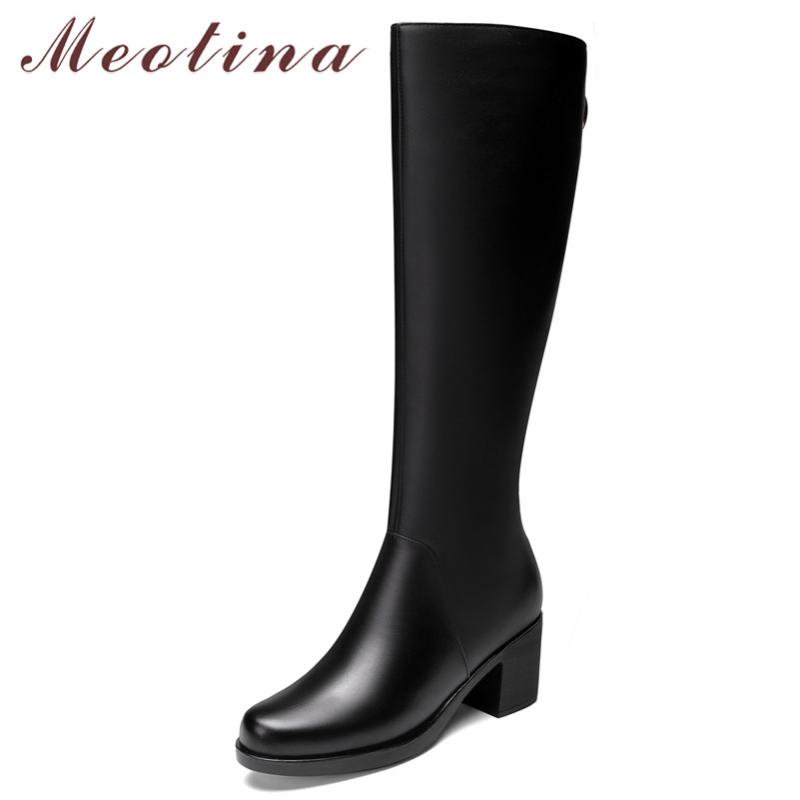 

Meotina Winter Knee High Boots Women Natural Genuine Leather Square High Heels Long Boots Zipper Round Toe Shoes Female Size 39, Black