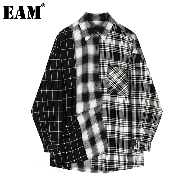 

EAM] Women Black Plaid Split Big Size Blouse New Lapel Long Sleeve Loose Fit Shirt Fashion Tide Spring Autumn 2020 1Z238
