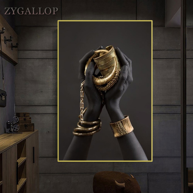 

Black Woman's Hand Print Canvas Painting Gold Jewelry Posters And Prints Cuadros African Wall Art Pictures Home Decoration Mural