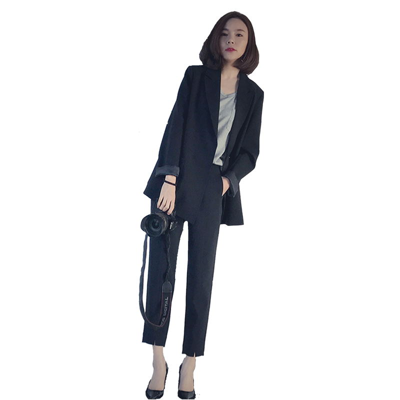 

Suit female 2020 autumn new temperament casual loose long suit jacket trousers solid color elegant fashion two-piece set JQ1011, Black