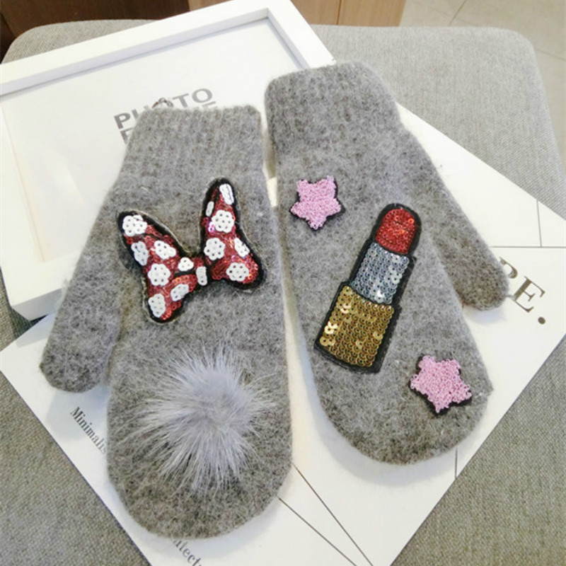 

Five Fingers Gloves Ears Pointed Star Fur Even Finger Knit Spring Winter Autumn Women Warm Korean Tide Goods