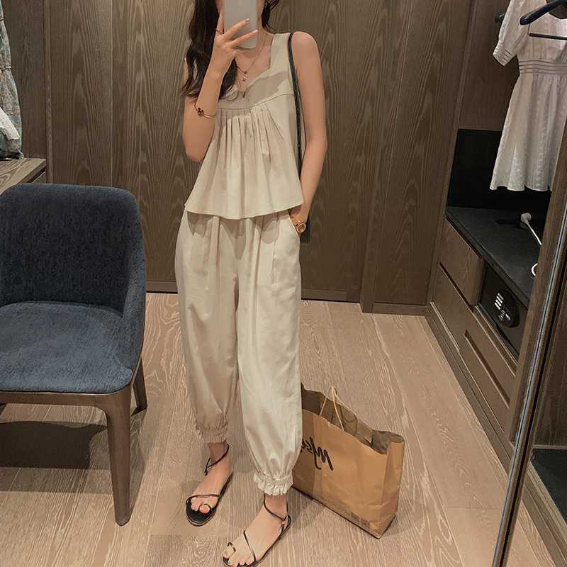

MISHOW 2020 Summer Fashion Casual Women Sets Solid Sleeveless Tops & Pants Suits 2 Pieces Female Fashion Clothing MX20B0350, Light khaki