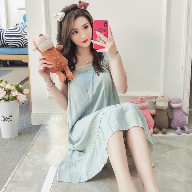 

Cotton Print Women Summer Pyjamas Sleep Dress Cotton Printed Girls Suspender Sleepwear Halter Nightdress Casual Female Nighties, 621 green