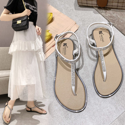 

2020 summer flip-flop sandals female fairy style flat student fashion with diamonds ins tide beach shoes vacation wild, Black