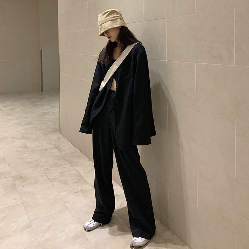 

2020 Spring Black Suit Female Oversize Long Blazer Jacket+Button Casual Wide Leg Trousers Women High Street 2 Piece Pant Set, Black blazer