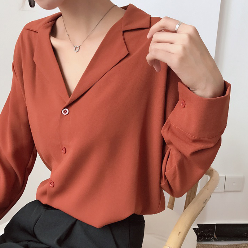 

2020 New Arrival Women's Solid Lantern Sleeve Chiffon Blouse Notched Office Lady Elegance Loose Red Shirts Korean Style Tops T08, Dark beige