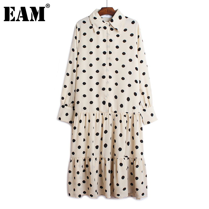 

EAM] Women Dot Print Button Pleated Chiffon Dress New Lapel Neck Long Sleeve Loose Fit Fashion Tide Spring Autumn 2020 1B024, Black