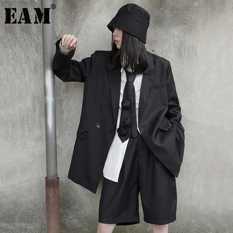 

EAM] Wide Leg Knee Length Pants Two Piece Suit New Lapel Long Sleeve Black Loose Fit Women Fashion Spring Autumn 2020 1X657