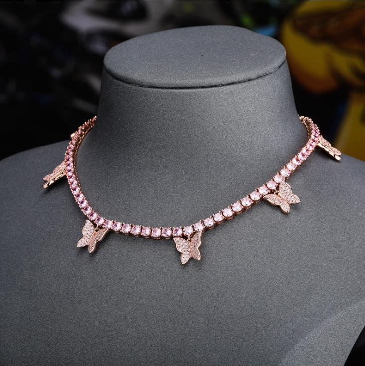 

European and American hip-hop creative zircon butterfly alphabet square zirconium tennis chain necklace fashion ladies clavicle chain