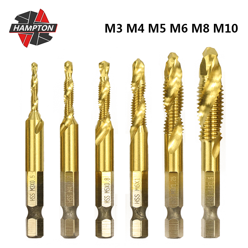 

Hampton M3-M10 Titanium Coating Metric Plug Tap HSS Screw Tap Drill Bit 1/4" Hex Shank Thread For Metal Working Hand Tools