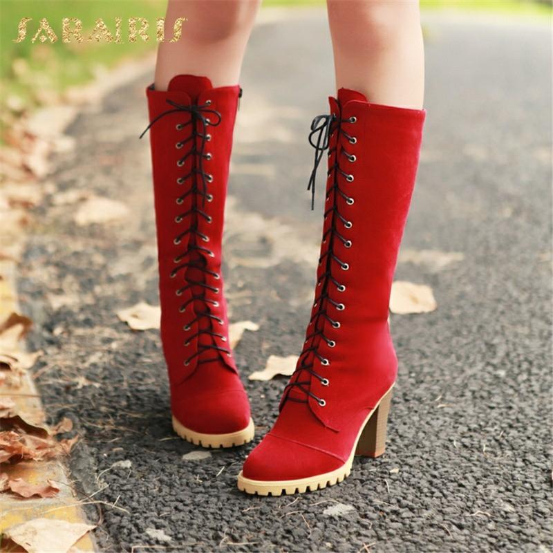 

Sarairis 2020 New Arrivals Comfy Warm Plush Winter Boots Woman Shoes High Heels Concise Lace Up Concise Mid Calf Boots Female, Black