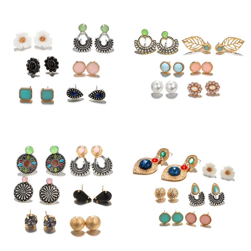 

6 Pairs/Set Women's Pearl Gem Leaf Geometric Crystal Studs Earrings Girls Elegant Water Drops Stone Flower Ear Jewelry Gift 2020