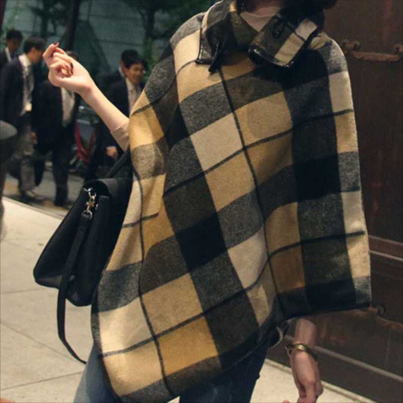 

Autumn Winter New Women' Plaid Shawl High Collar Lapel Folding Design Korean Version Of Large Stitching Woolen Cape, Camel