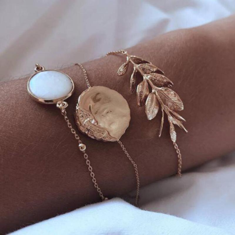 

3PCS/Set Woman Boho Feather Bracelets Gold Color Leaf Geometry Opal Stone Bracelets For Woman Female Bracelet Set Party Jewelry