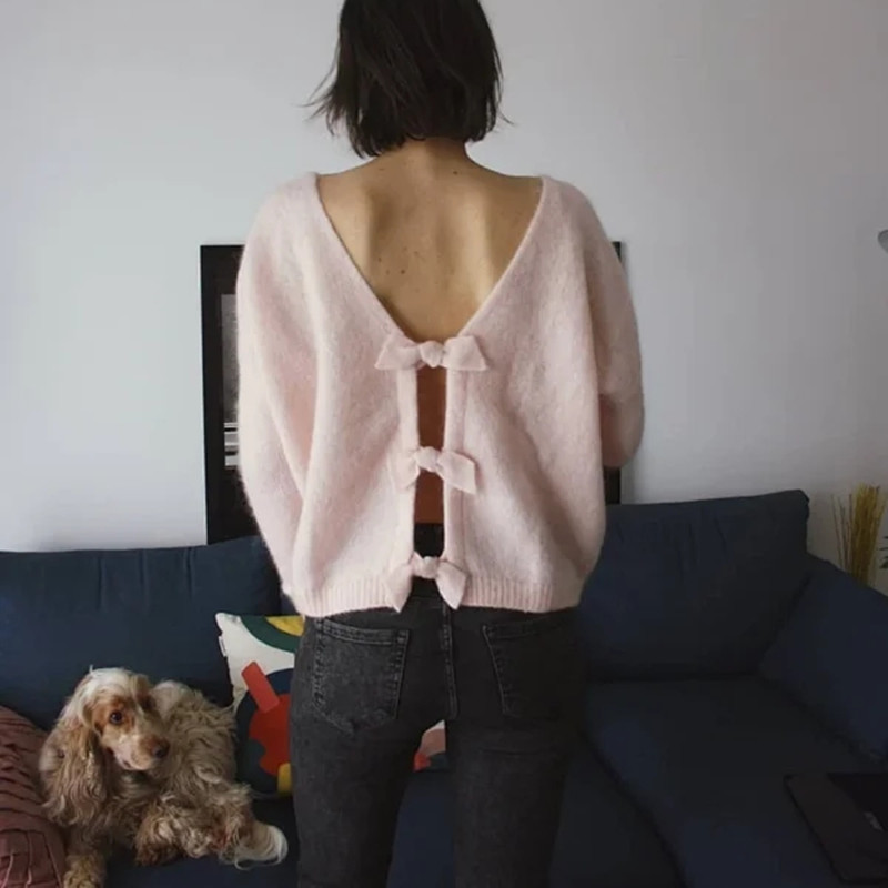 

Pink/Blue/Black Color Mohair Sweater Women' Back V Bow Solid Color Long Sleeve Loose Early Spring Knit Pull Top New, A as picture shows