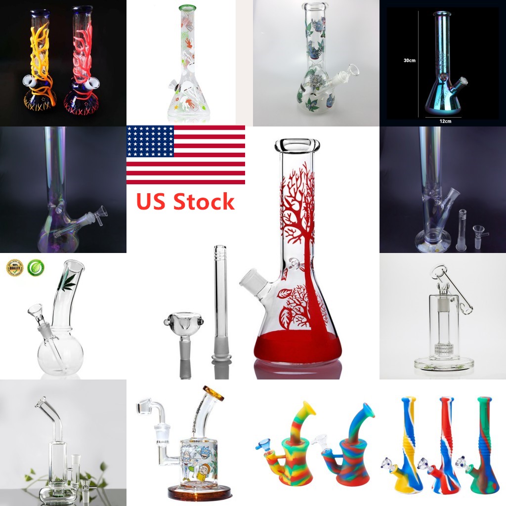 

US Stock Glass Bong Hookahs Glass Water Pipes Beaker Recycler Bongs Dab Rig Oil Burner Ash Catcher Hookah Bubbler Glass Silicone