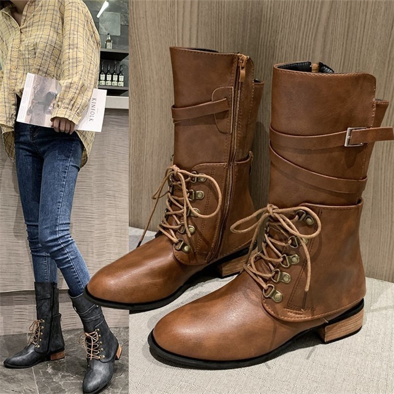 

akexiyaWish Amazon Women Knight Boots 2020 New Women's Boots Round Head Side Zipper Belt Buckle Women Flat Mid Heel Knight, Black