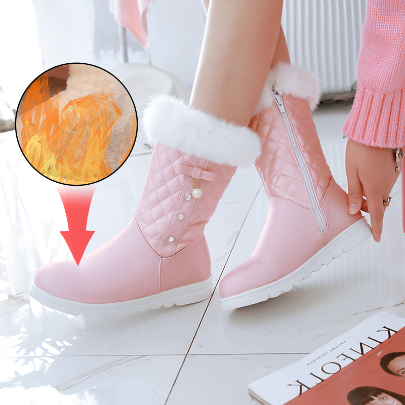 

Plus Size 34-40 New Fashion Boots Women Slip on Round Toe Winter Snow Boots Sweet Simple Casual Shoes Woman Pink Ladie Thick Fur, Black