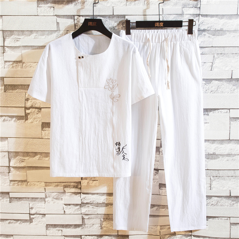 

Chinese Style Embroidery Men Sets Summer Pure Cotton Men T Shirts + Trousers Comfortable Breathable 2piece Set Size 4XL 5XL, Black