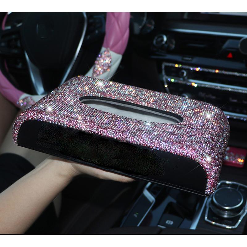 

Steering Wheel Cover Bling Rhinestone Crystal Car Ornaments Tissue Box Ashtray Storage Box Pink Set