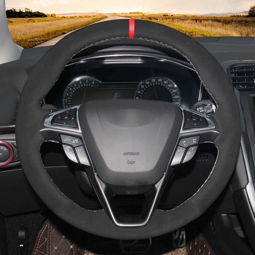 DIY Black Synthetic Suede Hand-stitched Car Steering Wheel Cover for Ford Mondeo Fusion 2013-2019 EDGE 2015-2019-image-570399393