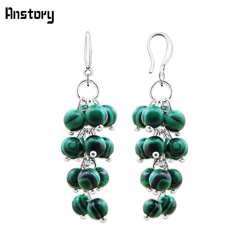 

Cluster Malachite Dangle Earrings For Women Personality Fashion Jewelry Antique Silver Plated Party Gift TE253