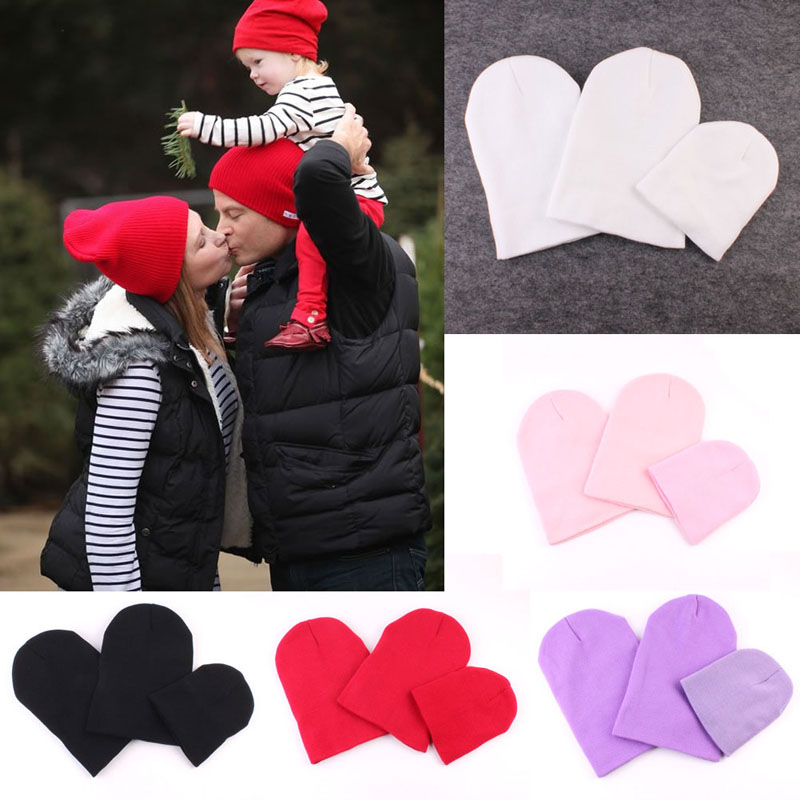 

3Pcs Mom Dad Child Baby Knit Hat Set Kids Boys Girls Winter Warm Soft Beanie Cap, Black