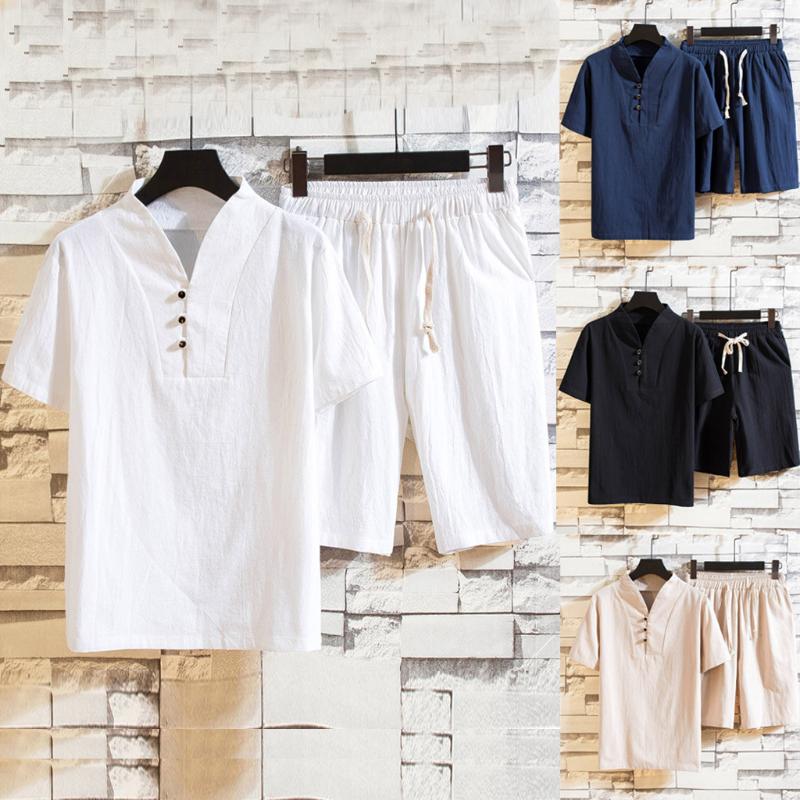 

2020 men's sportswear suit fashion new 5XL linen short summer hot casual solid color T-shirt + shorts Chinese style 2 sets 5.14, Black