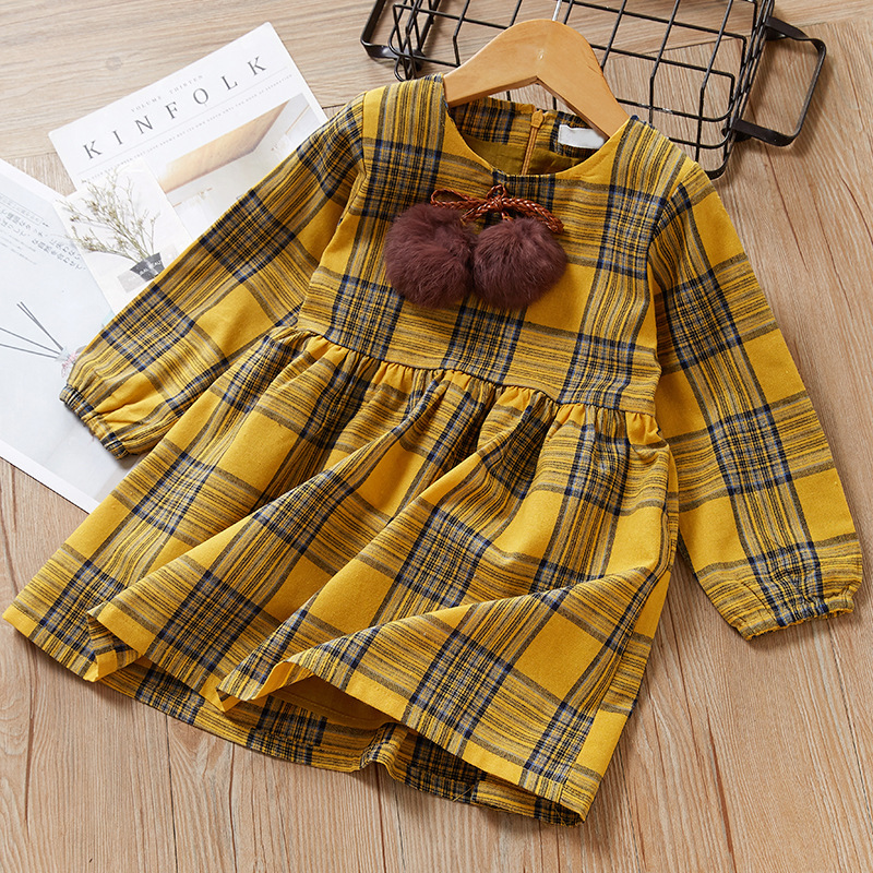 

2-8Y Newborn Kids Baby Girls Hairball Plaid Princess Party Long Sleeve Dress Girls Clothes, Yellow