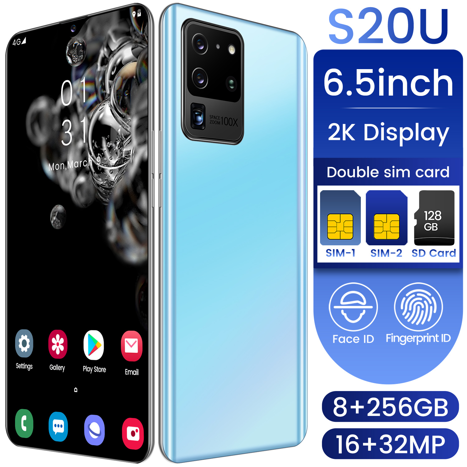 

Original Android Phones Smartphone 6.5 Cellphone Dual SIM Camera 3G 4G Unlocked 8+256GB MKT processor, Grey