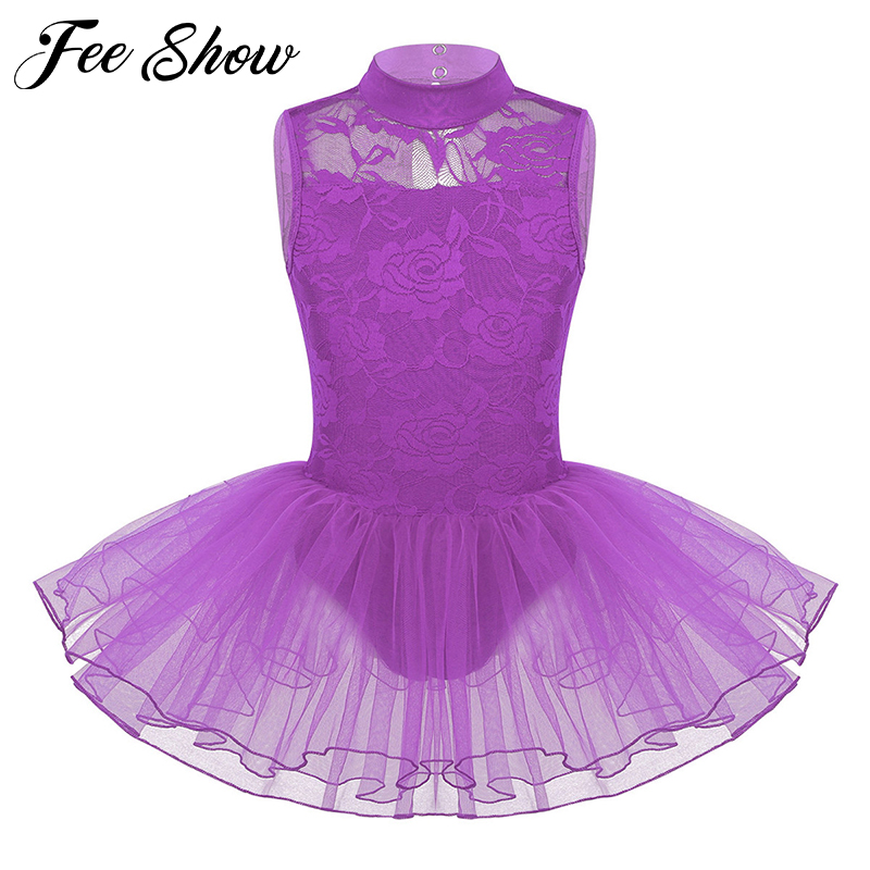 

Kids Girls Sleeveless Mock Neck Floral Lace Keyhole Back with Zipper Closure Ballet Dance Gymnastics Leotard Mesh Tutu Dress, Black