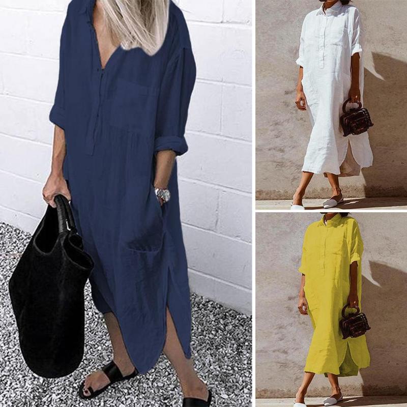 

4XL Women Fashion Solid Color Long Sleeve Pockets Side Slitting Hem Maxi Shirt Dress, Blue