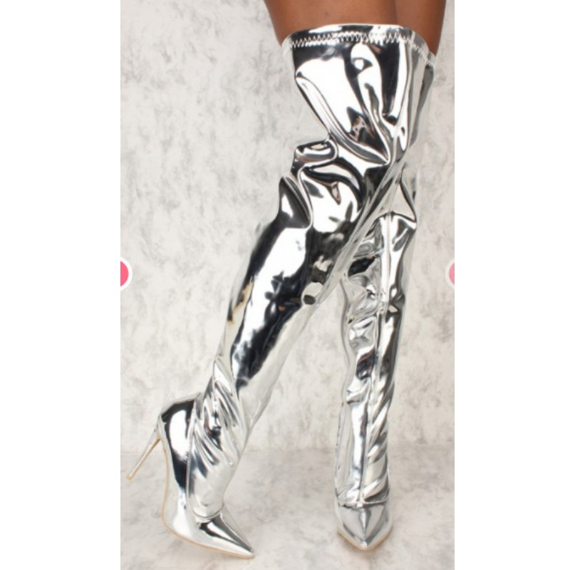 

Mirror Pu Over The Knee Women Boots Super High Heels Pointed Toe Boot Female Shoes New Winter Warm Footwear Plus Size, Black