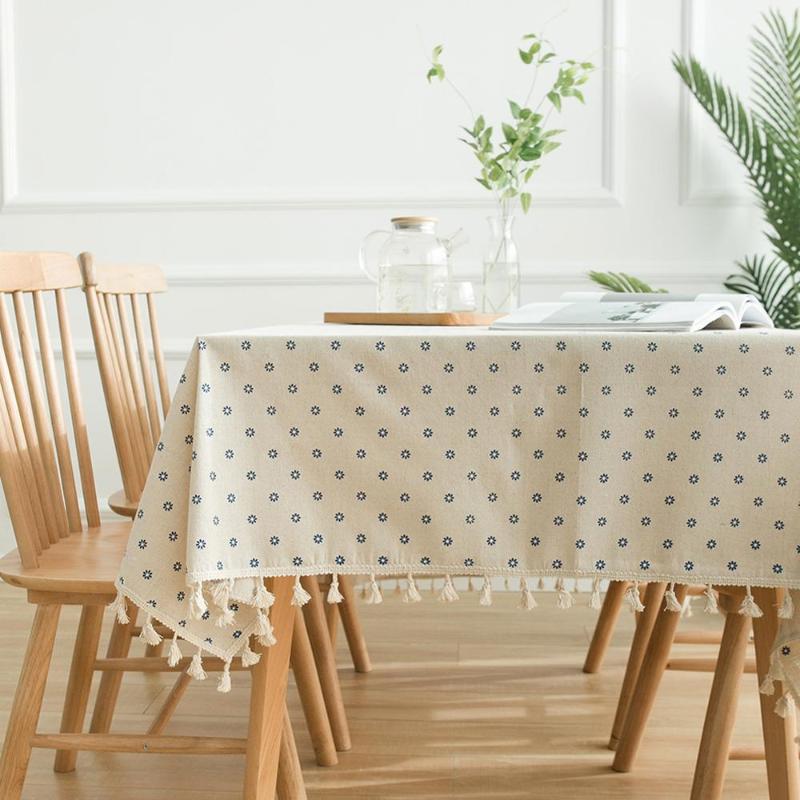 

Blue Daisy Printed Decorative Linen Tablecloth With Tassel Oilproof Thick Rectangular Wedding Dining Table Cover Table Cloth, As pic