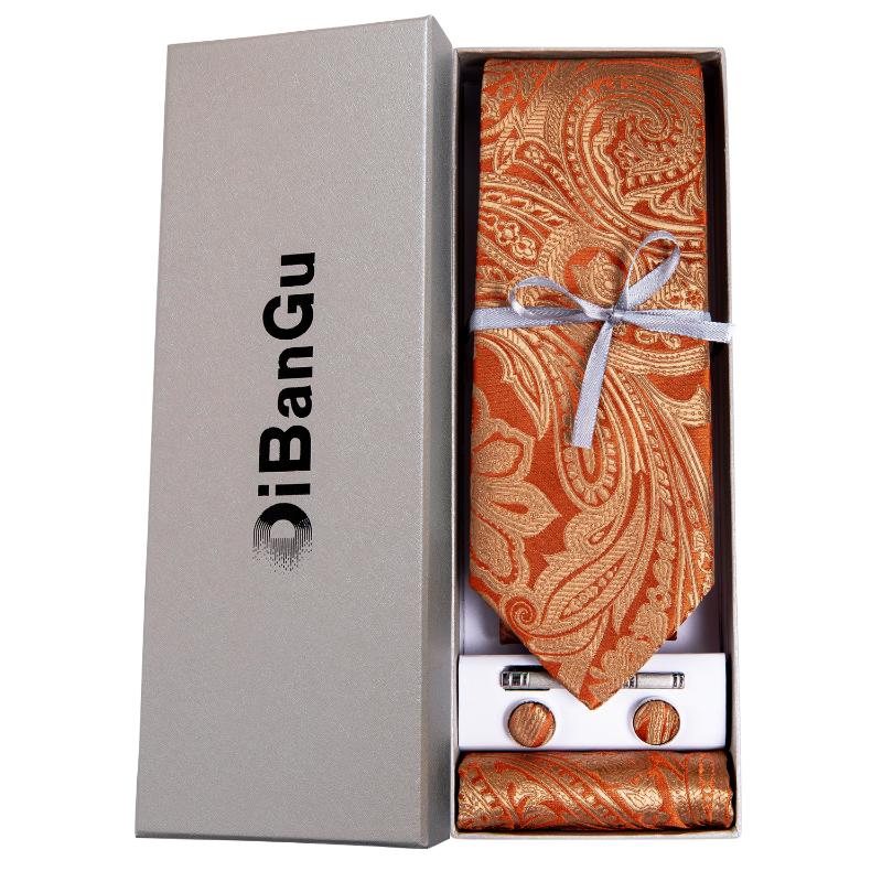 

Bow Ties Fashion Gold Paisley Orange Men's Tie Luxury Wedding Party Necktie Pocket Square Cufflinks Clip Set Gift DiBanGu