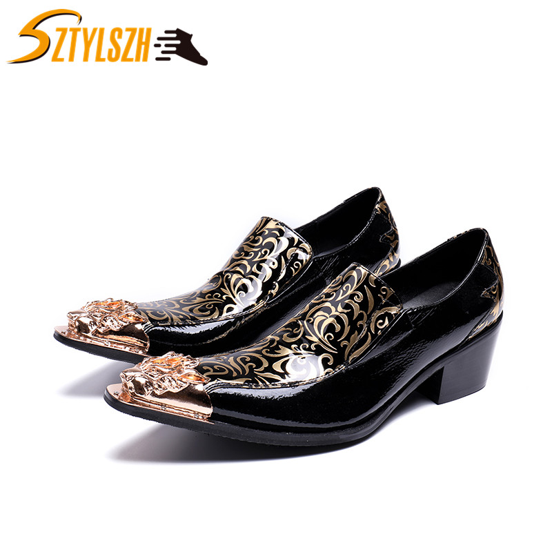 

New British Style Skull Men Formal Shoes Pointed Toe Fashion Men Oxfords High Heels Male Wedding Shoes Zapatos Hombre, Gold