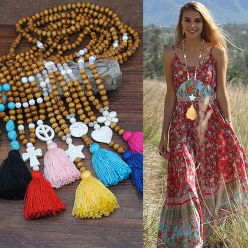 

2020 Fashion Long chain Wooden Beads Boho Jewelry Womens Butterfly Heart Star Charms Colorful Tassel Necklace, Silver