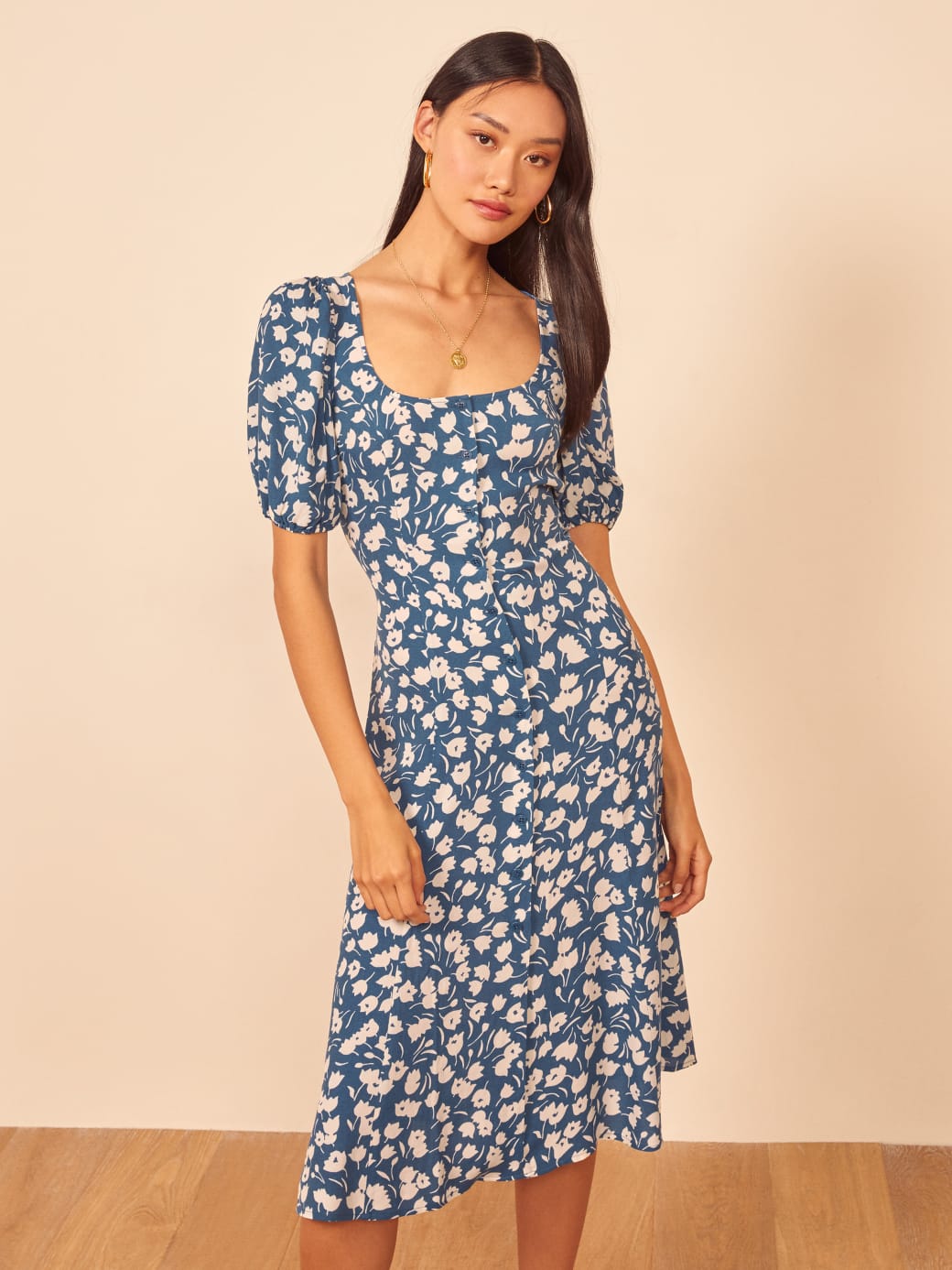 

2020 New retro sweet small floral square neck puff sleeve high slit A-line dress, Blue
